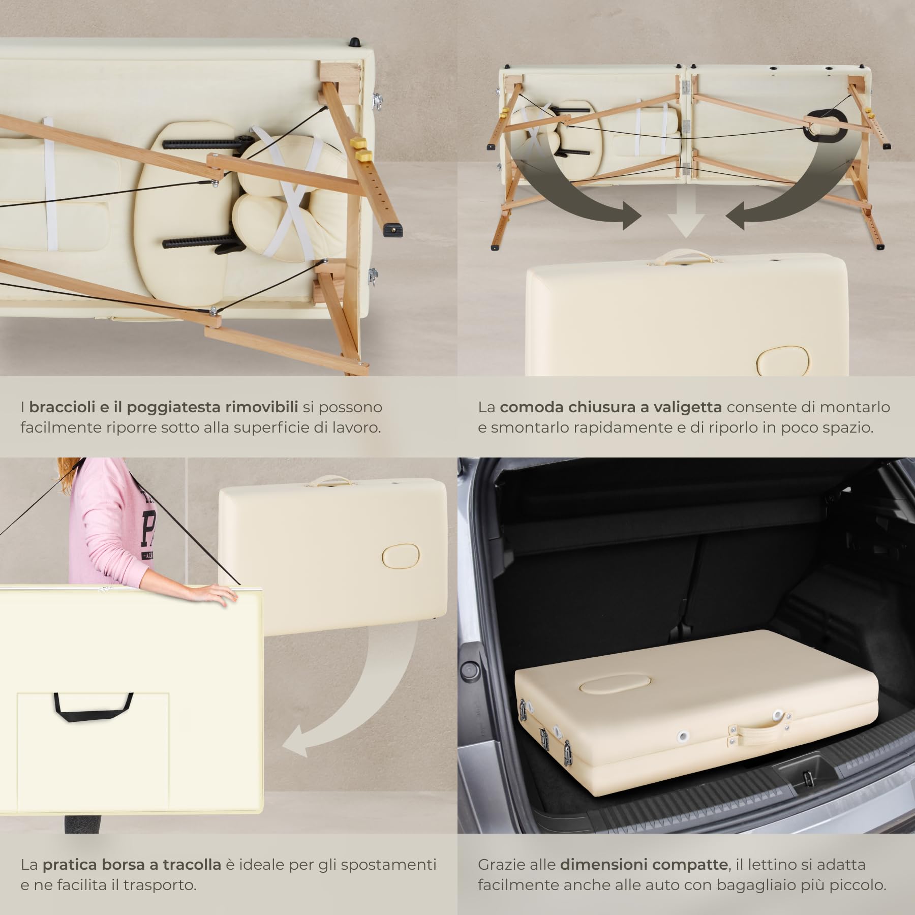 tectake® Lettino Massaggi Portatile 2 Zone, Pieghevole, Poggiatesta Rimovibile, Rivestimento Idrorepellente, Bracciolo Comodo, Pulizia Igienica Facile, Estetista, Max 210x95x84cm, Peso 14kg - Beige