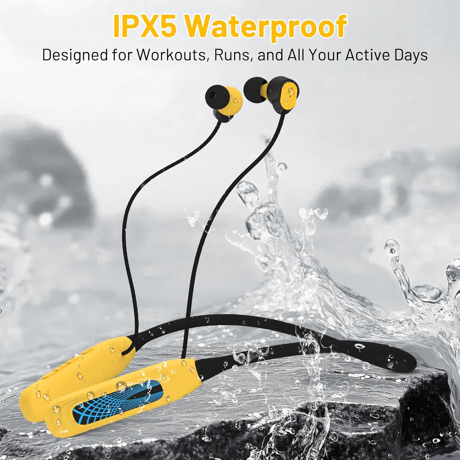 Podity Neckband Bluetooth Headphones, 1000H Extra Battery Life with Display Magnetic Earphones,Wireless Stereo Earbuds with Microphone, Waterproof in-Ear Headset for Sports/Workout/Office (Yellow) - Image 8