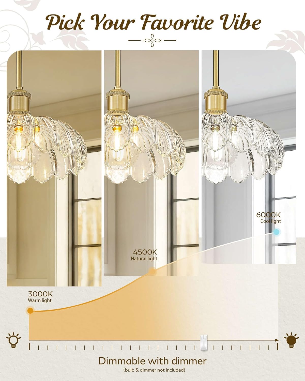 FEMILA 3 Pack Vintage Light Fixtures, Flower Glass Pendant Lights Kitchen Island, Brushed Gold Antique Chandelier, Hanging Light Fixture for Bedroom Hotel Living Room, 4FJX82MIL-3PK BG