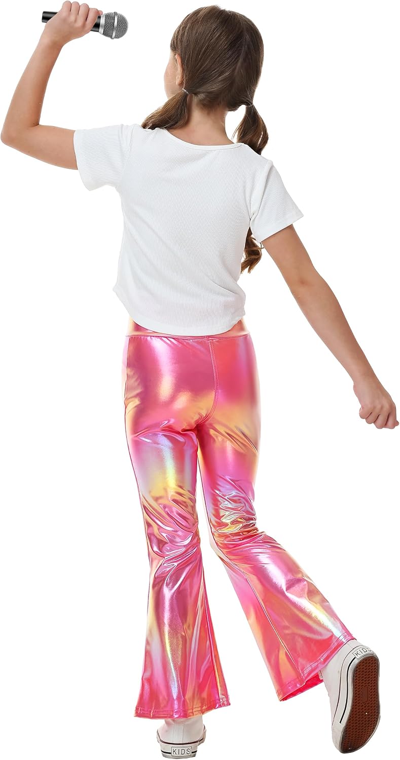 Girls Shiny Flare Pants Disco Dance Bell Bottoms Leggings 5-14 Years