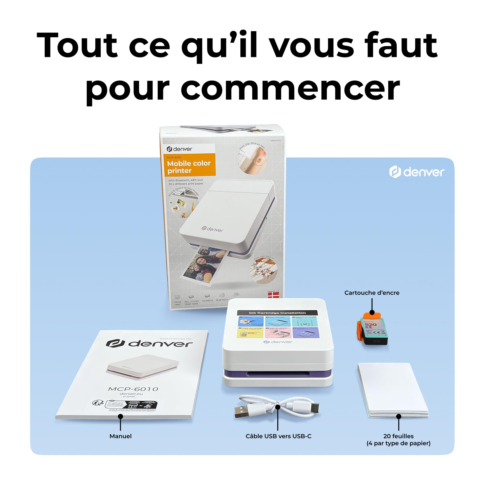 Denver MCP-6010 Mini imprimante photo pour smartphone, imprimante couleur mobile avec Bluetooth 5.2, 600 DPI, iOS et Android, imprimante photo portable avec batterie, incl. cartouche et lot de 20
