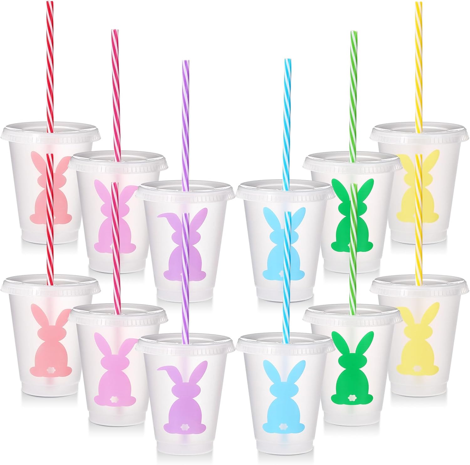 12 Pcs Easter Plastic Cups with Lids and Straws Bunny Rabbit Cups Bulk Reusable Tea Coffee Tumbler for Easter Day Party Drinkware Holiday Supplies (16 oz)