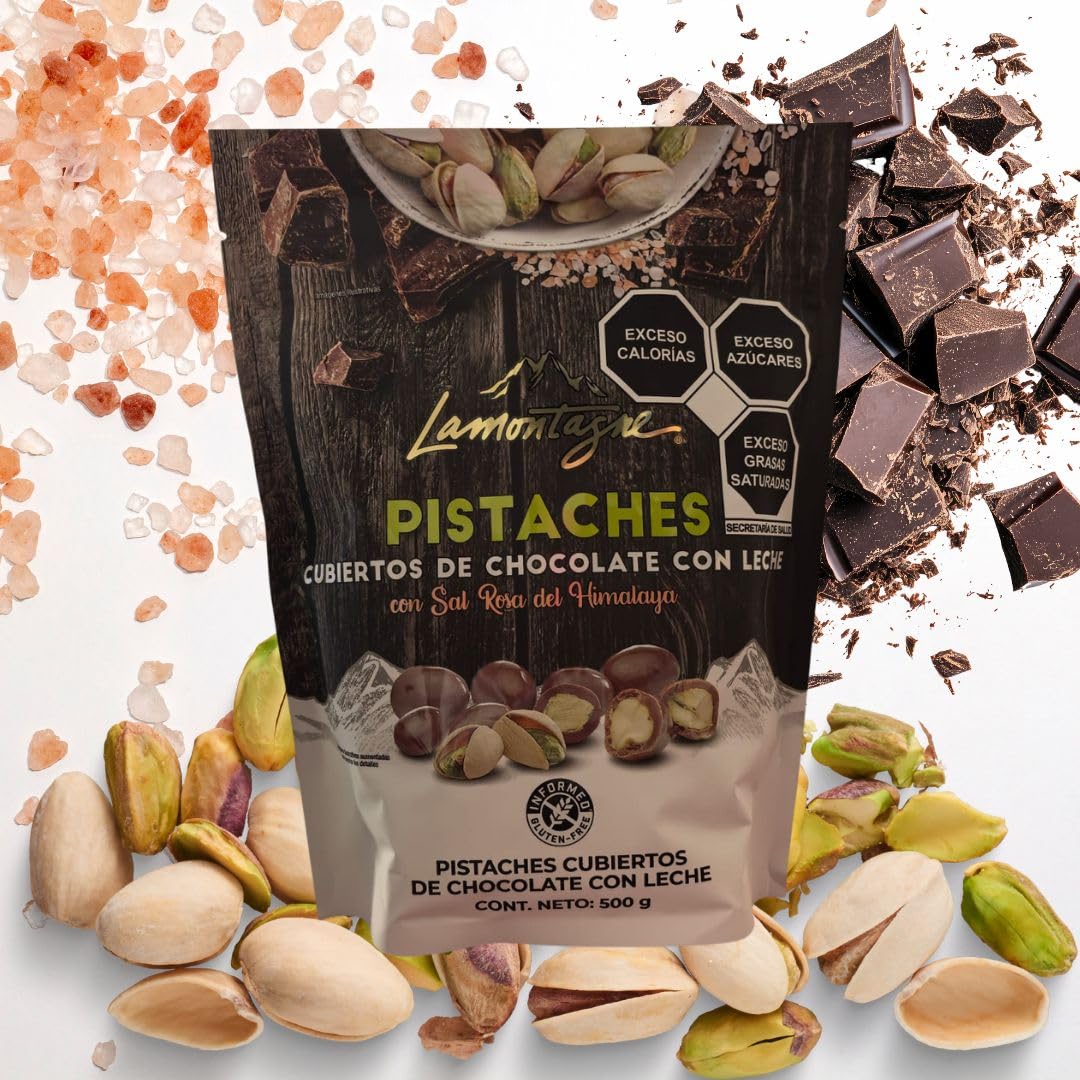 LamontagneMilk Chocolate Covered Sea Salt Pistachios with Pink Himalayan Salt, 17.68 Ounce (500 g) + NAJD LLC Sticker + Reusable Ice Packs.