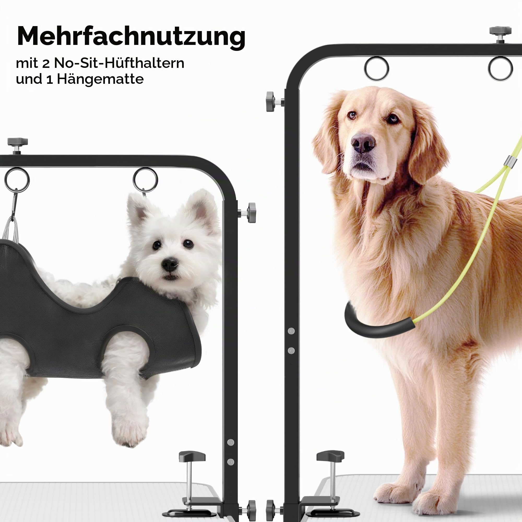 Josmimic Hundepflegetisch-Arm für Trimmtisch, höhenverstellbar, 107 cm hoch, 69–99 cm breit, mit Tischklemme bis 7 cm, Hängematte & 2 Anti-Sitz-Schlaufen, für kleine und große Hunde & Katzen