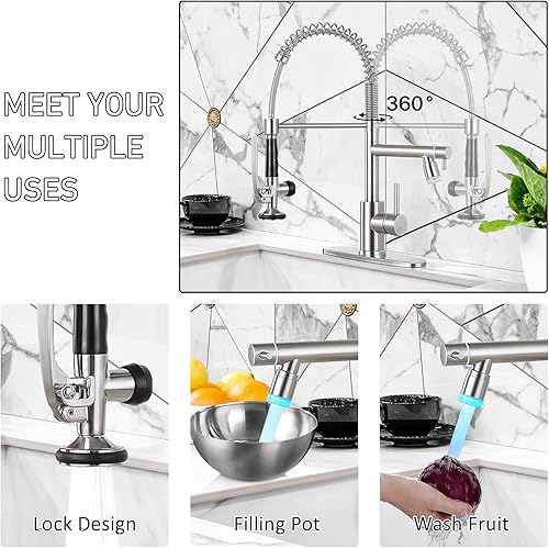 Miniatura 5 de Grifo de cocina con una sola manija para fregadero de cocina con rociador extraíble, grifos de cocina comerciales de acero inoxidable de doble
