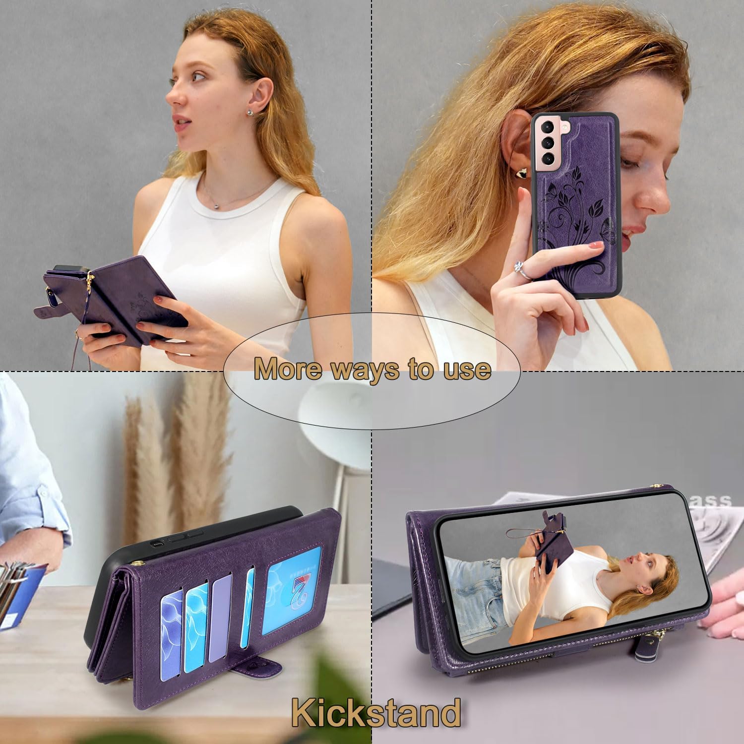 Lacass for Samsung Galaxy S21 FE 5G 2022 Case [12 Card Slots] ID Credit Cash Holder Zipper Pocket Detachable Magnet Leather Wallet Cover with Wrist Strap Lanyard (Floral Dark Purple)
