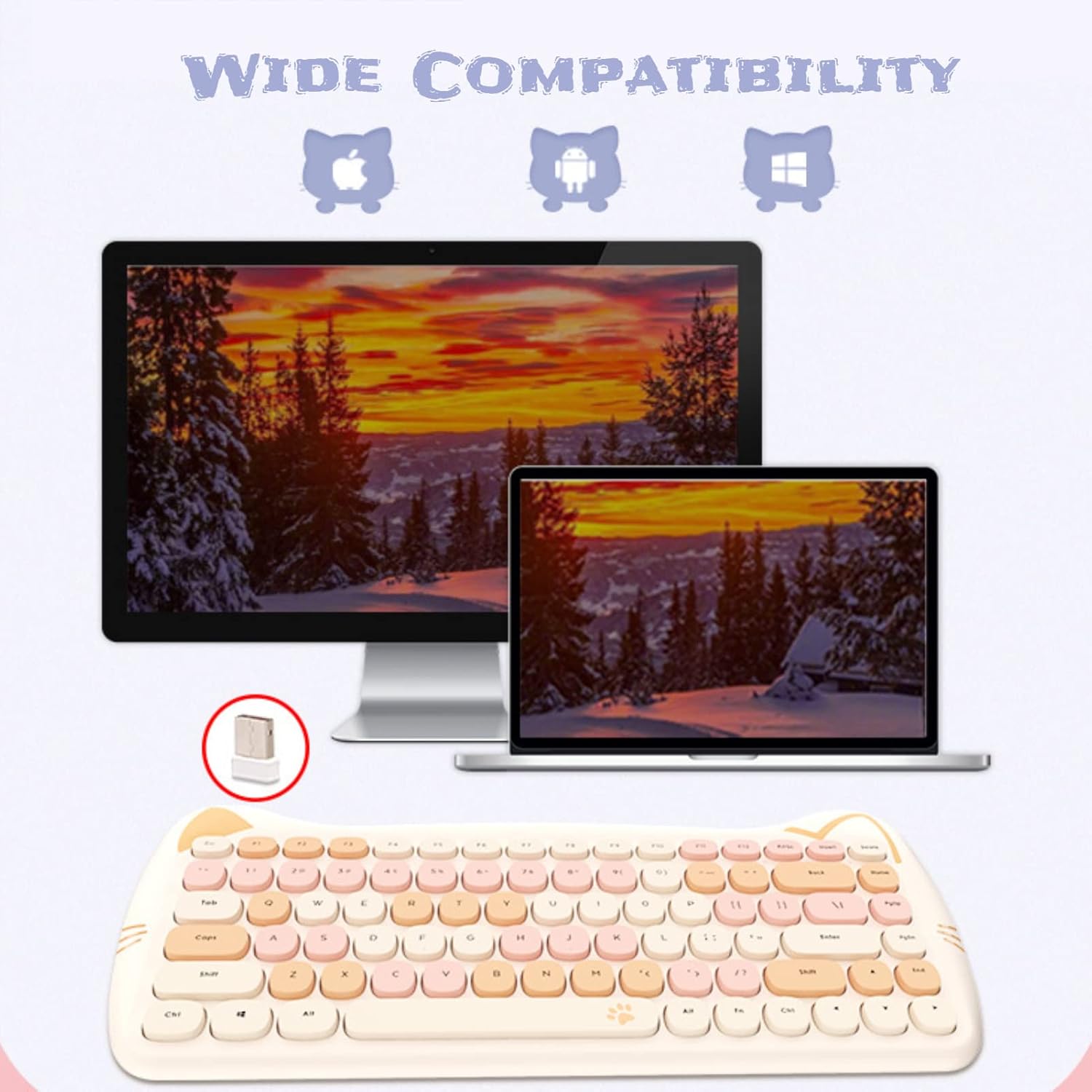 Yoidesu Keyboard Mouse Combo, 2.4G Cute Cat Colourful Mini Keyboard and Mouse Set, Cute Girls Keyboard Mouse for PC, Notebook, Laptop(Powder Mix)