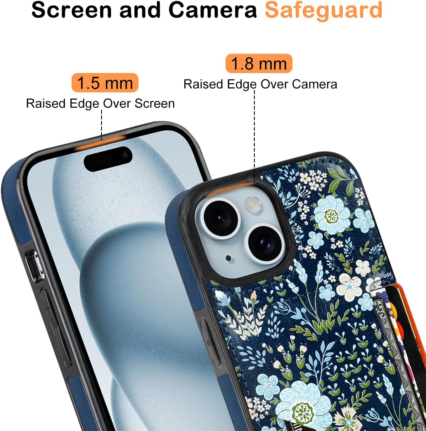 uCOLOR for iPhone 13 14 15 Case with Card Holder- Slim Leather Wallet Case Credit Card Holder Drop Protective Hidden Card Slot for Woman Girls(Blue Daisy, iPhone 15/14/13) - Image 5