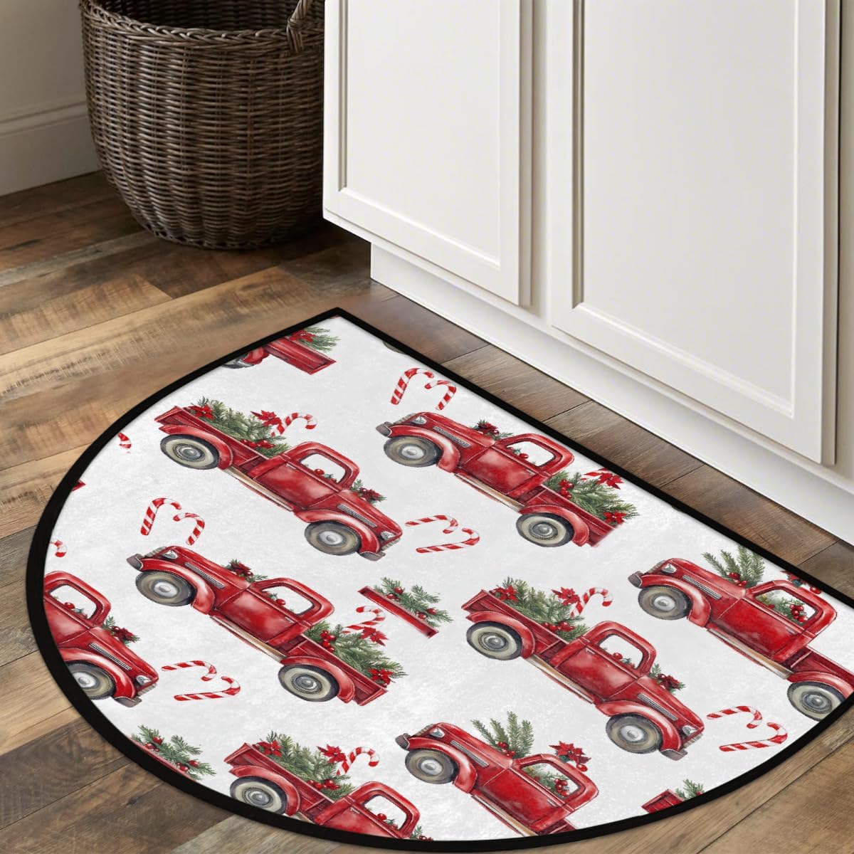 Christmas Red Truck Half Round Door Mat Winter Fir Branch Xmas Washable Semi Circle Rug Area Rug Non Slip Doormat Half Moon Rug for Kitchen Entrance Patio Bedroom Home Decor