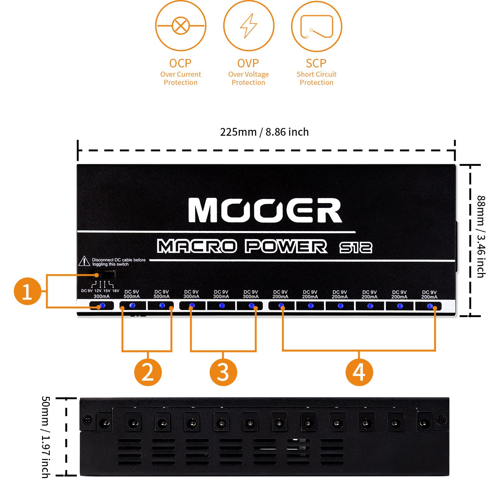 Mooer Macro Power S12 Netzteil für Effektpedale – mit 12 getrennte Ausgänge, 3.400 mA