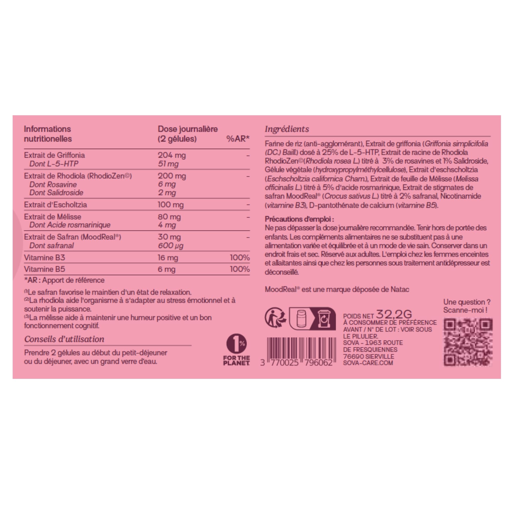 SOVA - Booster de Sérénité - Bonne Humeur & Équilibre Intérieur - Safran, Rhodiola Rosea, Griffonia et Vitamines B3 B5 - Énergie Mentale - 60 gélules - Fabriqué en France