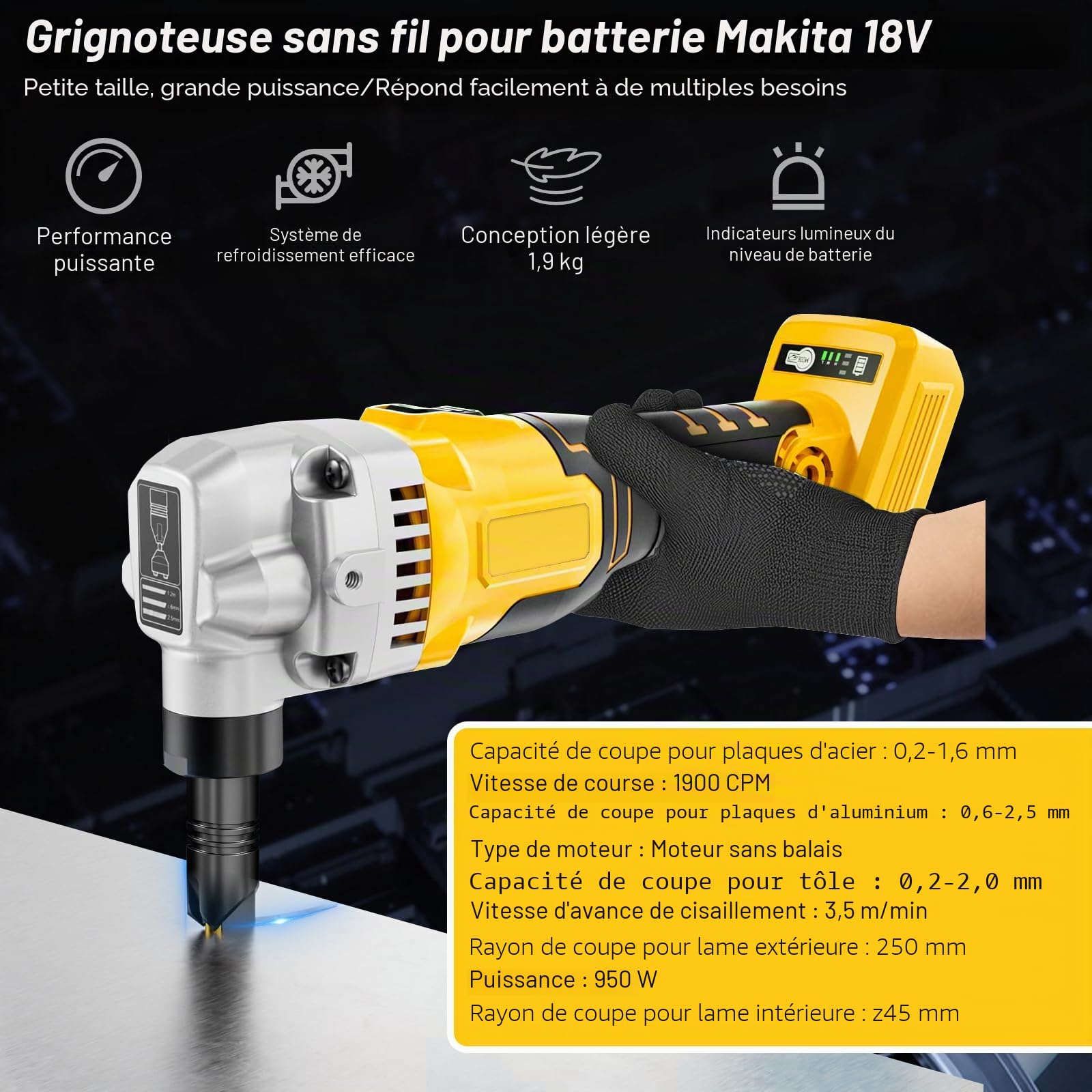 Grignoteuse de métal sans fil compatible avec batterie DeWalt 20V (sans batterie), cisaille électrique sans balais pour métal à 1900 tr/min avec tête grignoteuse rotative à 360°, grignoteuse
