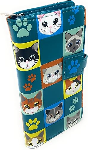 Shag Wear Cat Checkers - Cartera grande de animales para mujeres y adolescentes, piel sintética vegana de 7 pulgadas, color verde azulado, verde