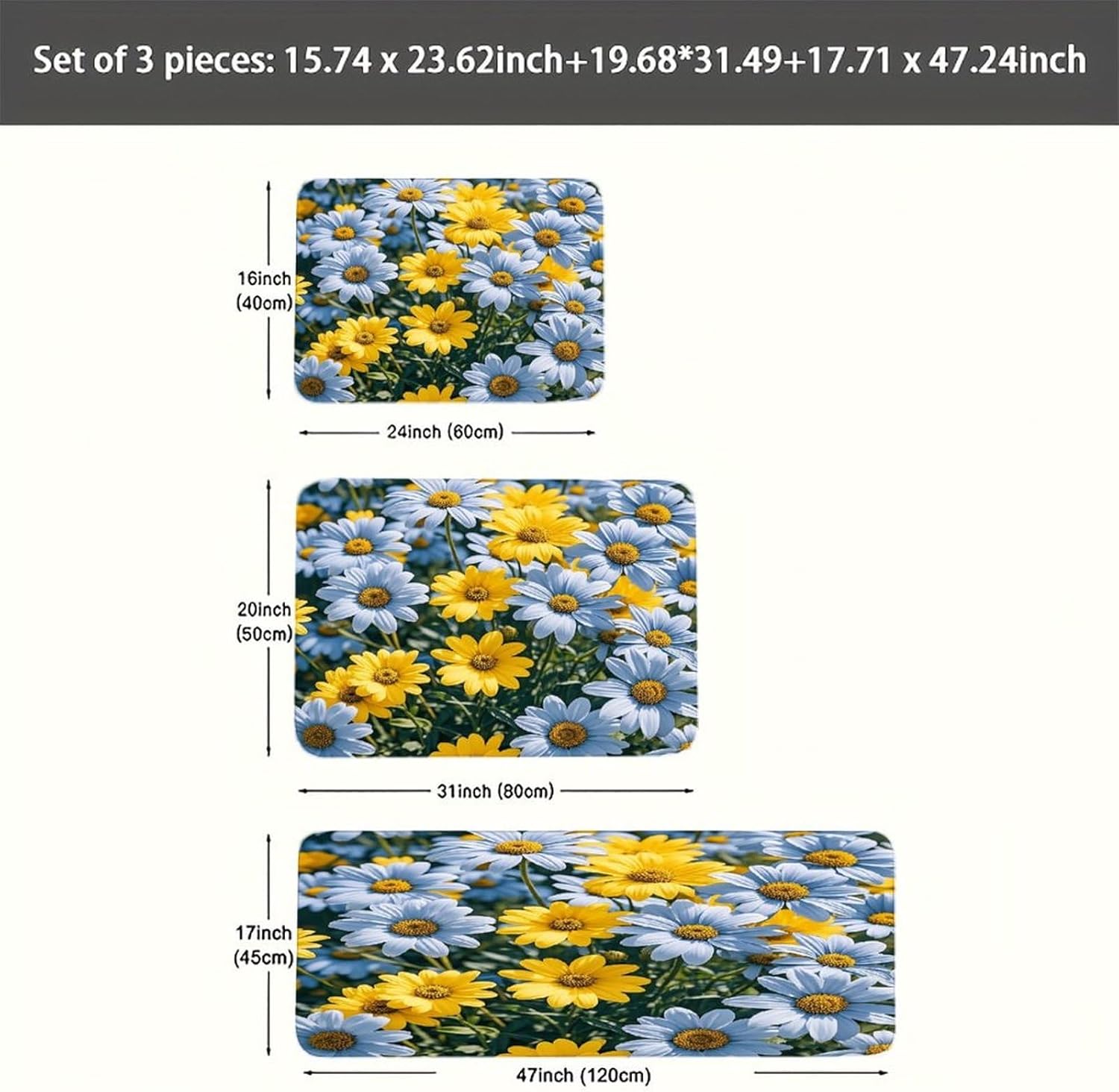 Blue and Yellow Flowers Kitchen Mats for Floor 3PCS Waterproof Low-Profile Kitchen Rugs Floor Mat Non Slip Anti Fatigue Mats Comfort Standing Mat Runner Rug Area Rug 6"x24"+20"x31"+17"x47"