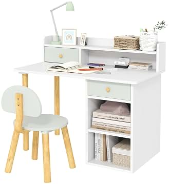 AIYAPLAY Juego de Escritorio y Silla para Niños de +3 Años Pupitre Infantil con Cajones Compartimento y Estantes para Dormitorio Sala Estudio Verde y Blanco