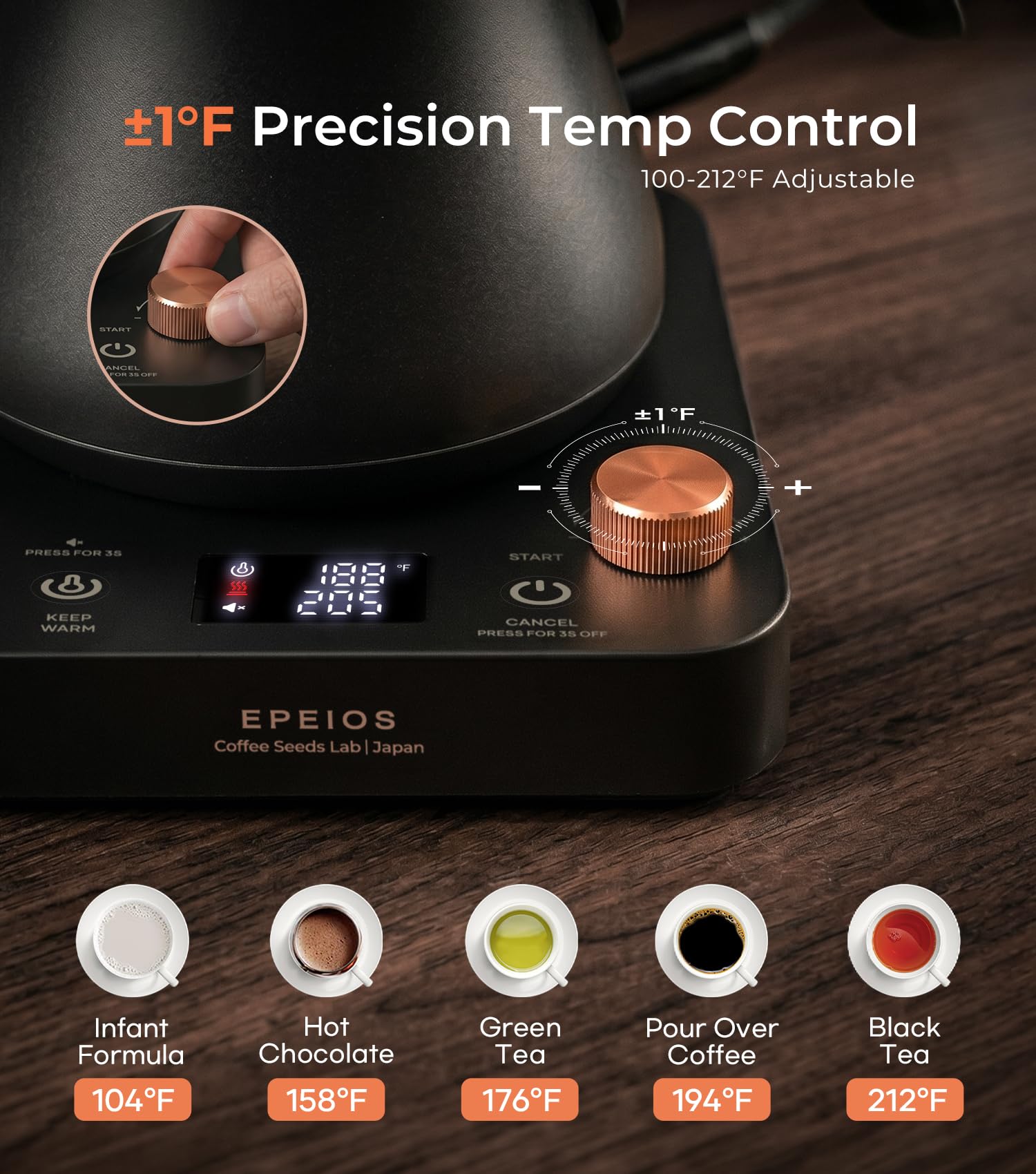 Epeios Gooseneck Electric Kettle ±1°F Temp Control,1200W,0.9L,White Walnut | Rapid Heating, Precision Pour-Over for Coffee & Tea,Smart Hot water Boiler, 304 Stainless Steel Interior, Auto Shut-Off