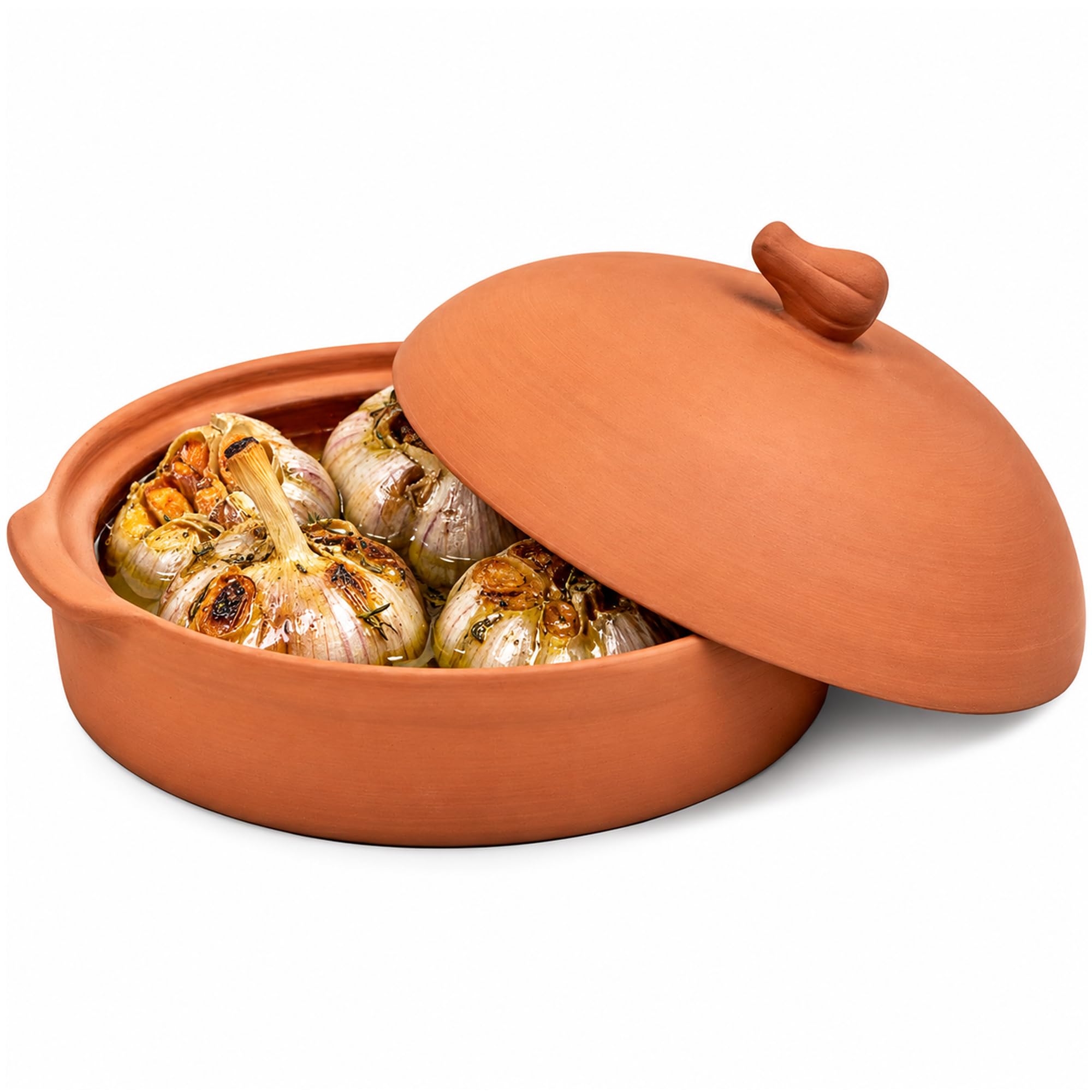Omniware Terra Cotta Garlic Roaster - 7.5” Clay Roasting Dish with Lid, Oven &amp; Microwave Safe, Bake Fresh Garlic for Spreads &amp; Recipes, Handcrafted Ceramic Roaster