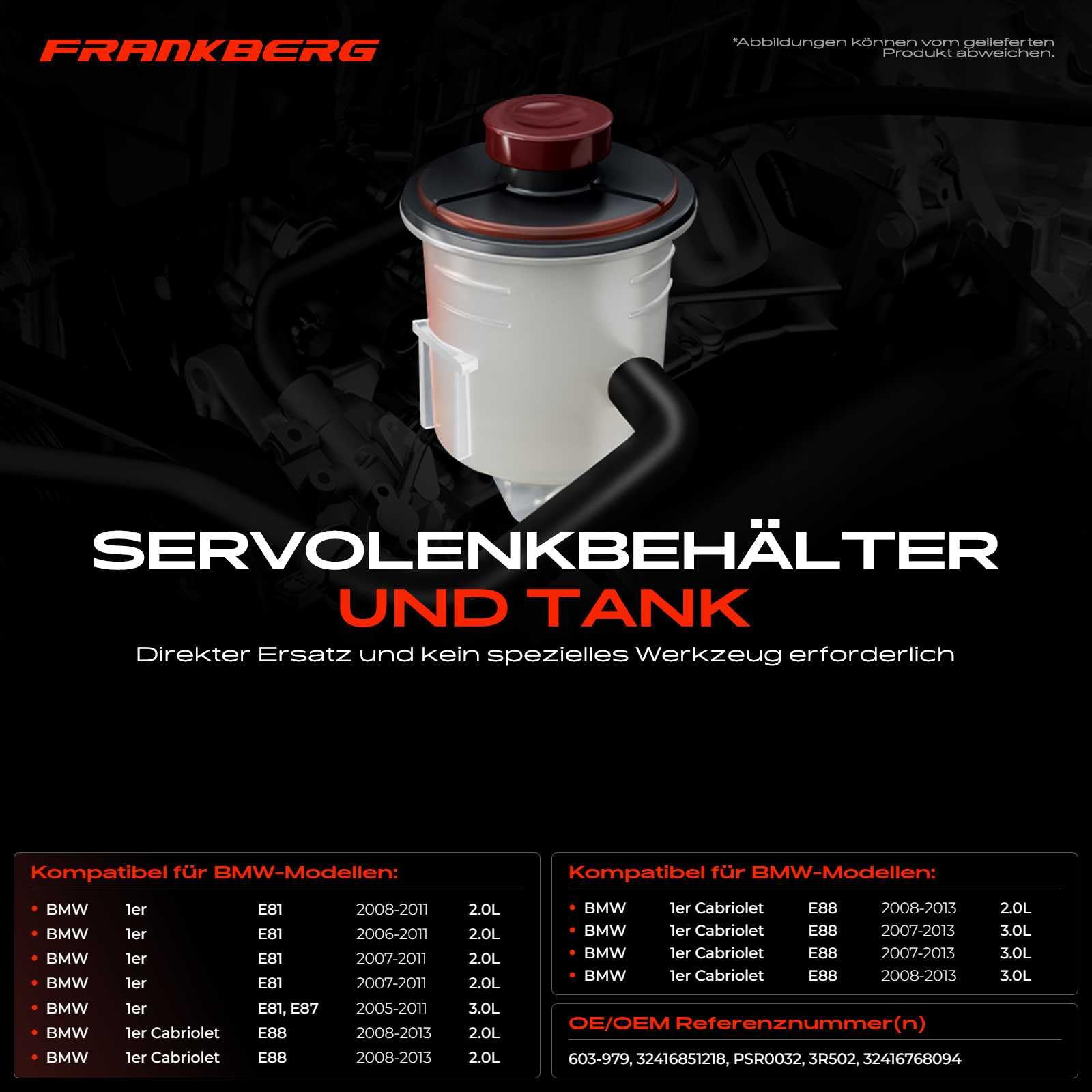 Frankberg Ausgleichsbehälter Hydrauliköl-Servolenkung für 1er E81 E87 3er E90 3er Touring E91 X1 E84 X3 E83 2004-2015 32416851218