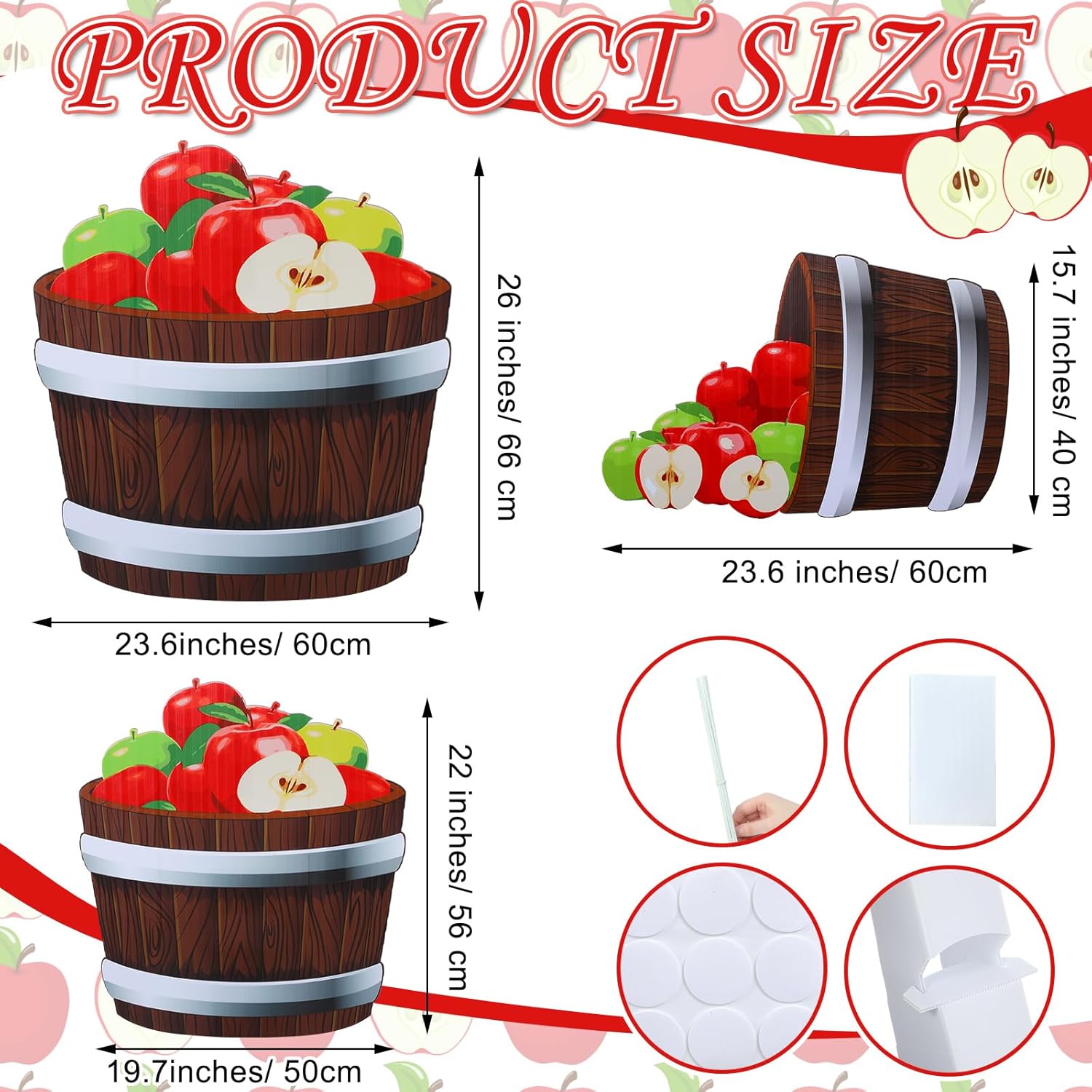 3 Pcs 20"-26" Fall Thanksgiving Harvest Theme Decoration Rustic Apple Orchard Cardboard Cutout Stand-up Set Autumn Farmhouse Apple Barrels Stand-ups Photo Booth Props for Party Supplies