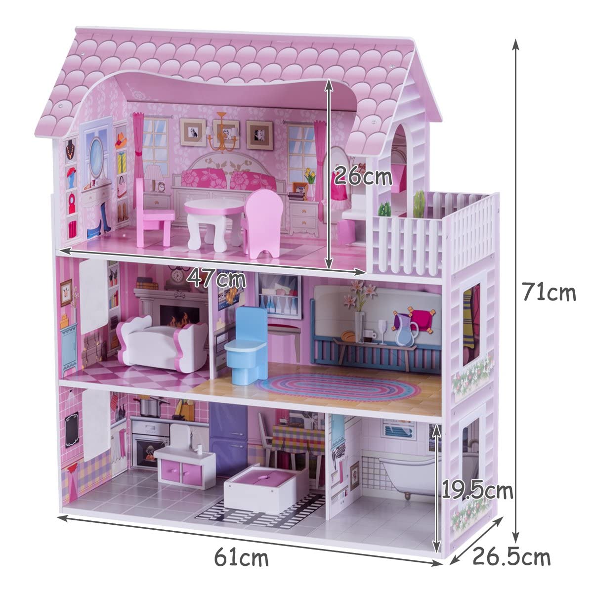 DREAMADE Puppenhaus Holz, Holzpuppenhaus mit Zubehör und Möbel, Dollhouse Puppenhaus Puppen für Kinder (Modell 1)