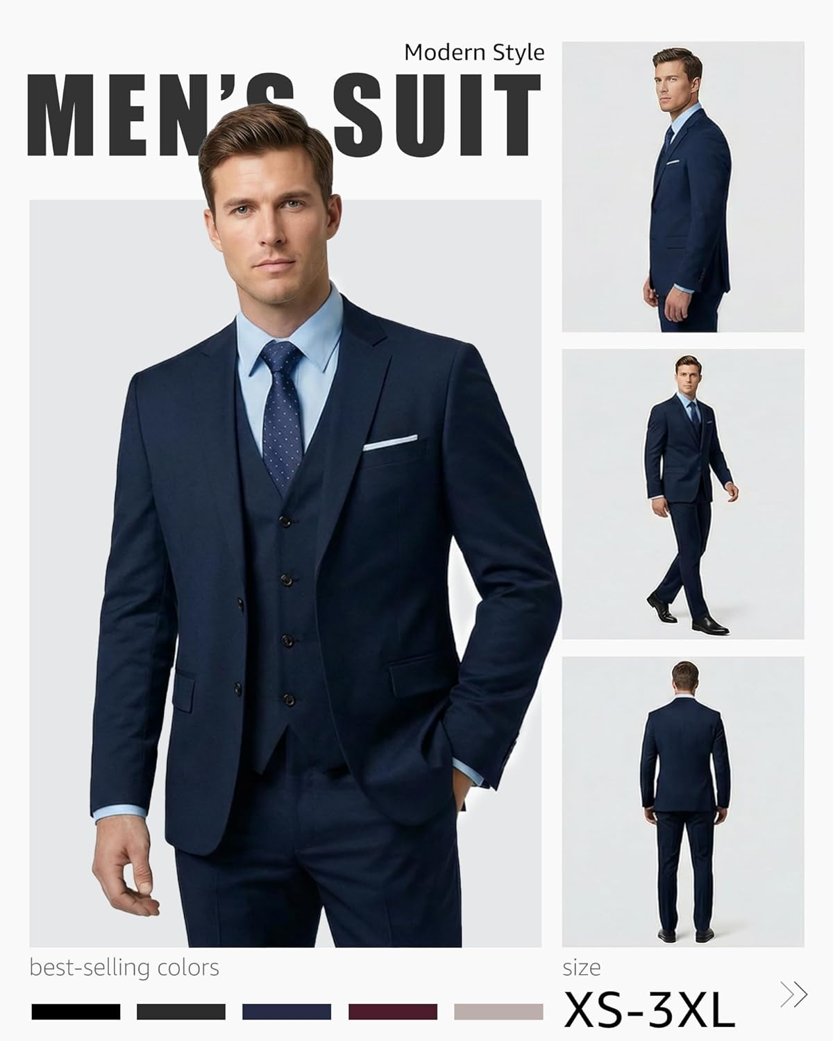 YND Men's 3 Piece Suit Set with Tie, 2 Button Slim Fit Solid Blazer Jacket Vest Pants, Business Wedding Party Suits for Men