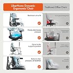 LiberNovo chaise de bureau ergonomique dynamique avec repose-pieds et bloc d'alimentation rechargeable supplémentaire, chaise de bureau confortable avec support lombaire adaptatif, 160° Recline, stretch à la colonne vertébrale intégrée, noir, 48cm