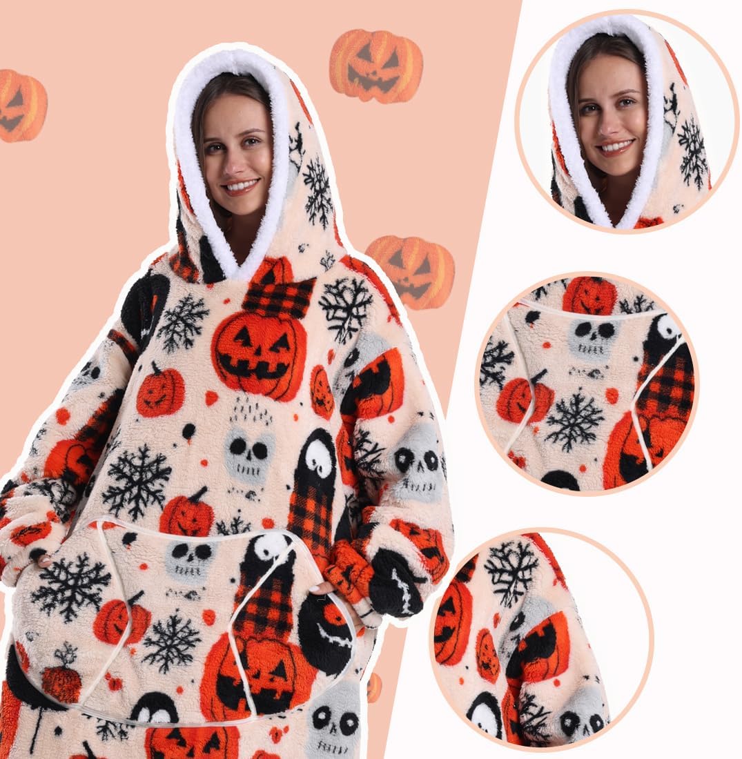 Wearable Blanket for Women - Flannel Hooded Robe, Halloween & Christmas pattern, Cozy Fleece Gift for Family Nights - Image 2