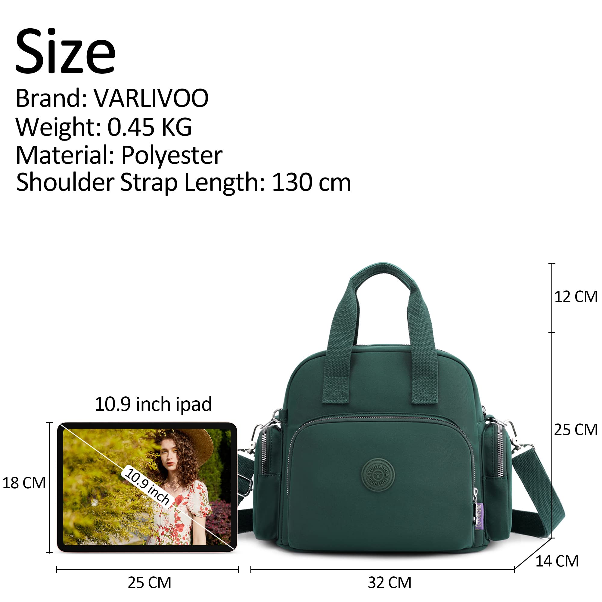VARLIVOO Moda Borsa a Tracolla da Donna con USB Porta Borsa a Tracolla Borsetta da Donna Zaino College Viaggio Scuola Campeggio Borsa Poliestere Impermeabile Verde Scuro