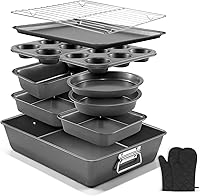 Gymdin 12-Piece Nonstick Carbon Steel Bakeware Set - Non-Toxic Baking Pans, Muffin Tins, Cake Pans, Roasting Pan, Cooling Rack & Oven Mitts