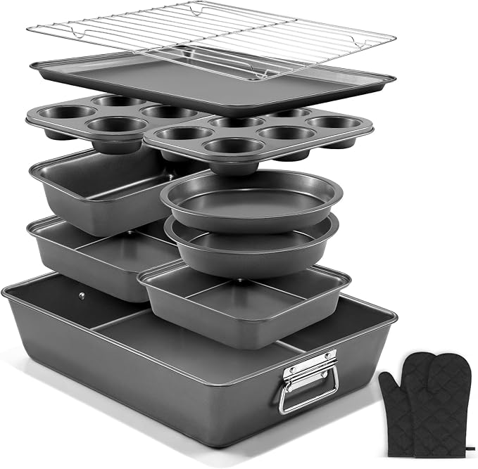 12PCS Nonstick Bakeware Set, Non-Toxic Carbon Steel Baking Pans Set with Wider Grip, Includes Roasting Pan, Cookie Sheet, Cake Pans, Muffin Pans, Cooling Rack, Oven Mitts, Easy Release