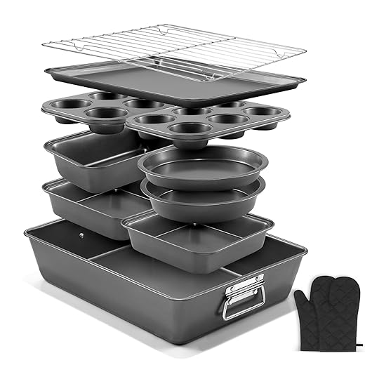 12PCS Nonstick Bakeware Set, Non-Toxic Carbon Steel Baking Pans Set with Wider Grip, Includes Roasting Pan, Cookie Sheet, Cake Pans, Muffin Pans, Cooling Rack, Oven Mitts, Easy Release