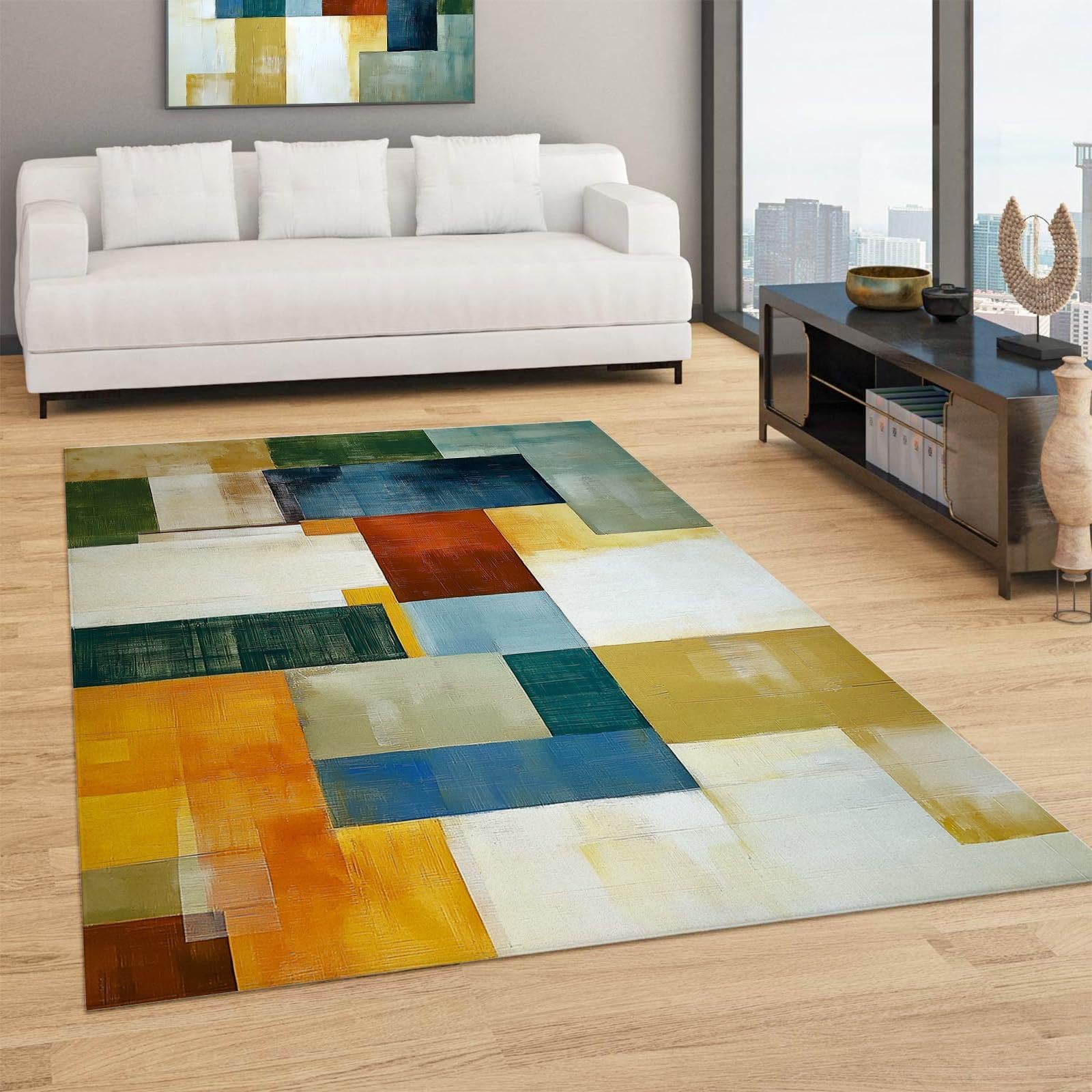 Farbblock Teppich Wohnzimmer 200x200cm Modern Waschbar Großer Geometrischer Teppich Schlafzimmer, Blaue und Grüne Quadrate Weich Kurzflor rutschfest Teppiche für Esszimmer Türrahmen Flur