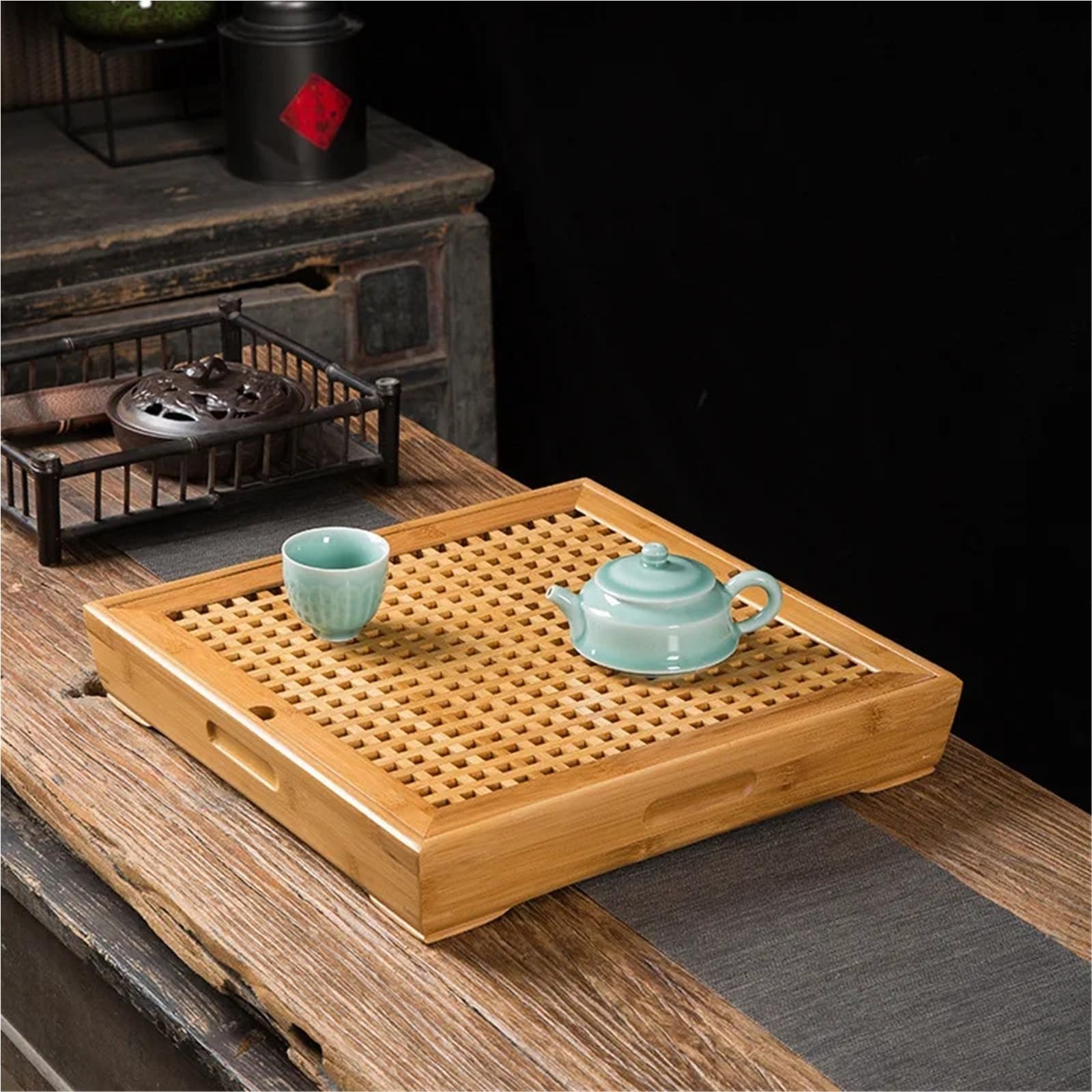 Bandeja de té de bambú – Mesa de agua cuadrada de 40 x 40 cm para el hogar y la oficina, diseño de drenaje simple, perfecta para los amantes del té y servir té, elegante y funcional