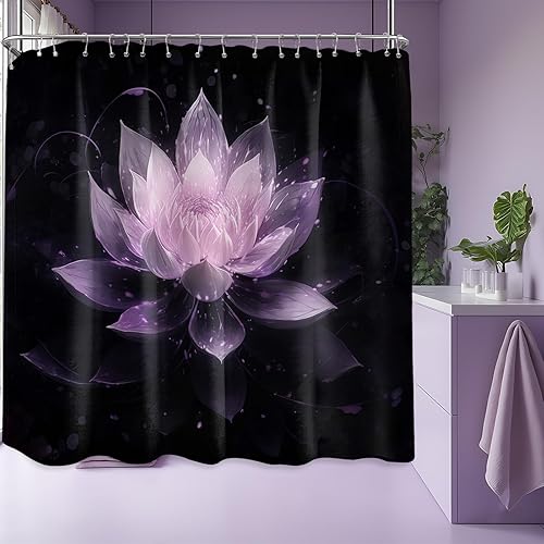 Miniatura 44 de Cortina de ducha negra y dorada con flores de loto amarillo dorado para juegos de decoración de baño, tela impermeable con ganchos, 70 x 72 pulgadas