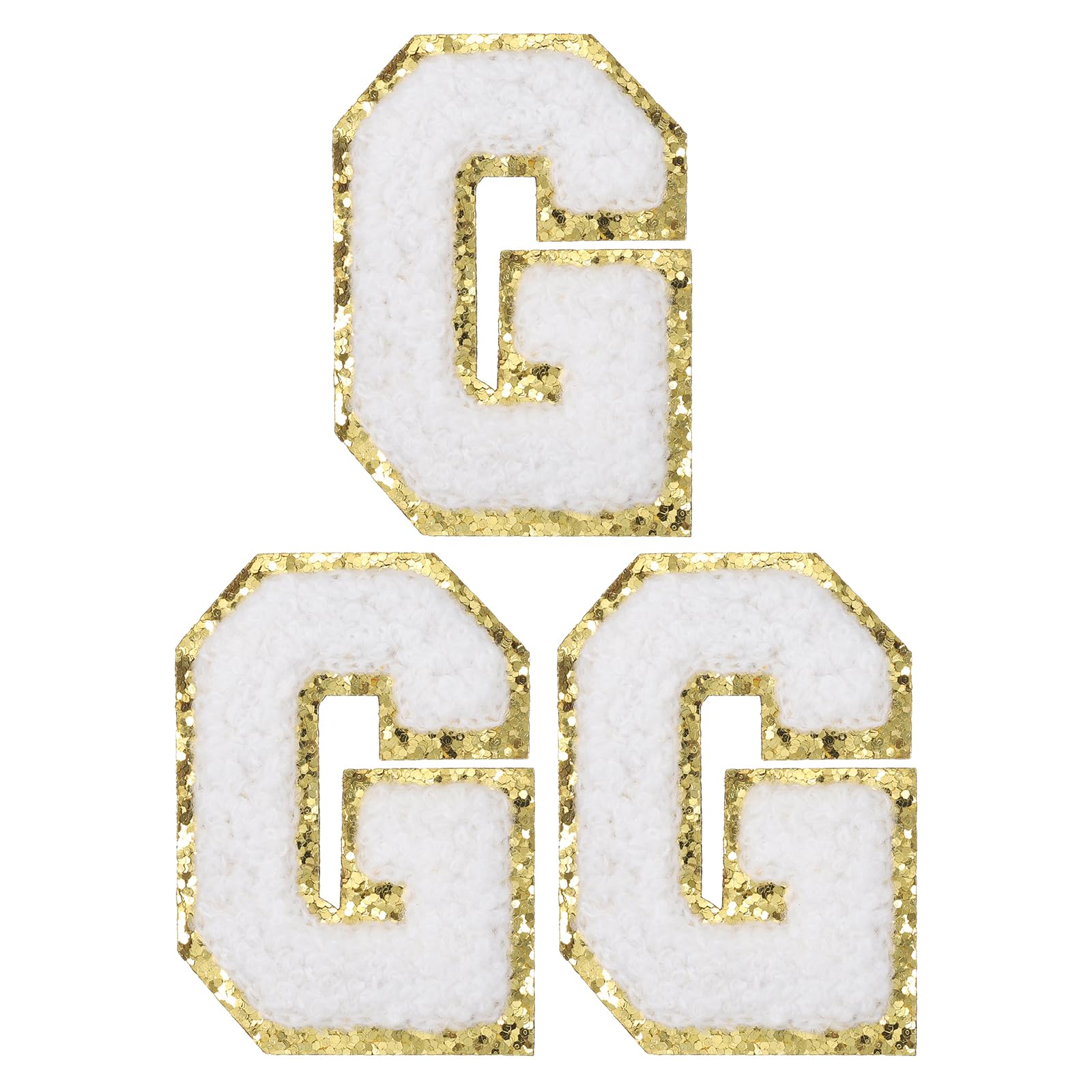 PATIKIL Iron on Letter Patches, 3 Pack Chenille Glitters Letter Patches Embroidered Patch for Repairing Jeans Clothing Bags Hats Shirts Craft, White, Alphabet G