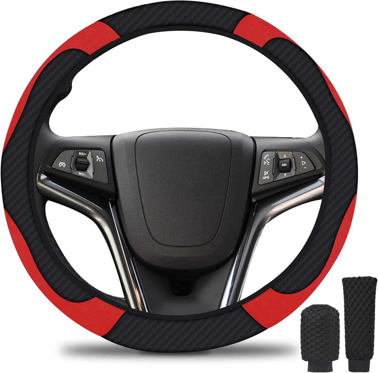 URAQT Steering Wheel Cover, 3 Pack Microfiber Leather Car Steering Wheel Cover Set Include Handbrake Cover Gear Shift Cover, Breathable Anti-slip & Universal Size, Black-Red