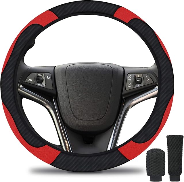URAQT Steering Wheel Cover, 3 Pack Microfiber Leather Car Steering Wheel Cover Set Include Handbrake Cover Gear Shift Cover, Breathable Anti-slip & Universal Size, Black-Red