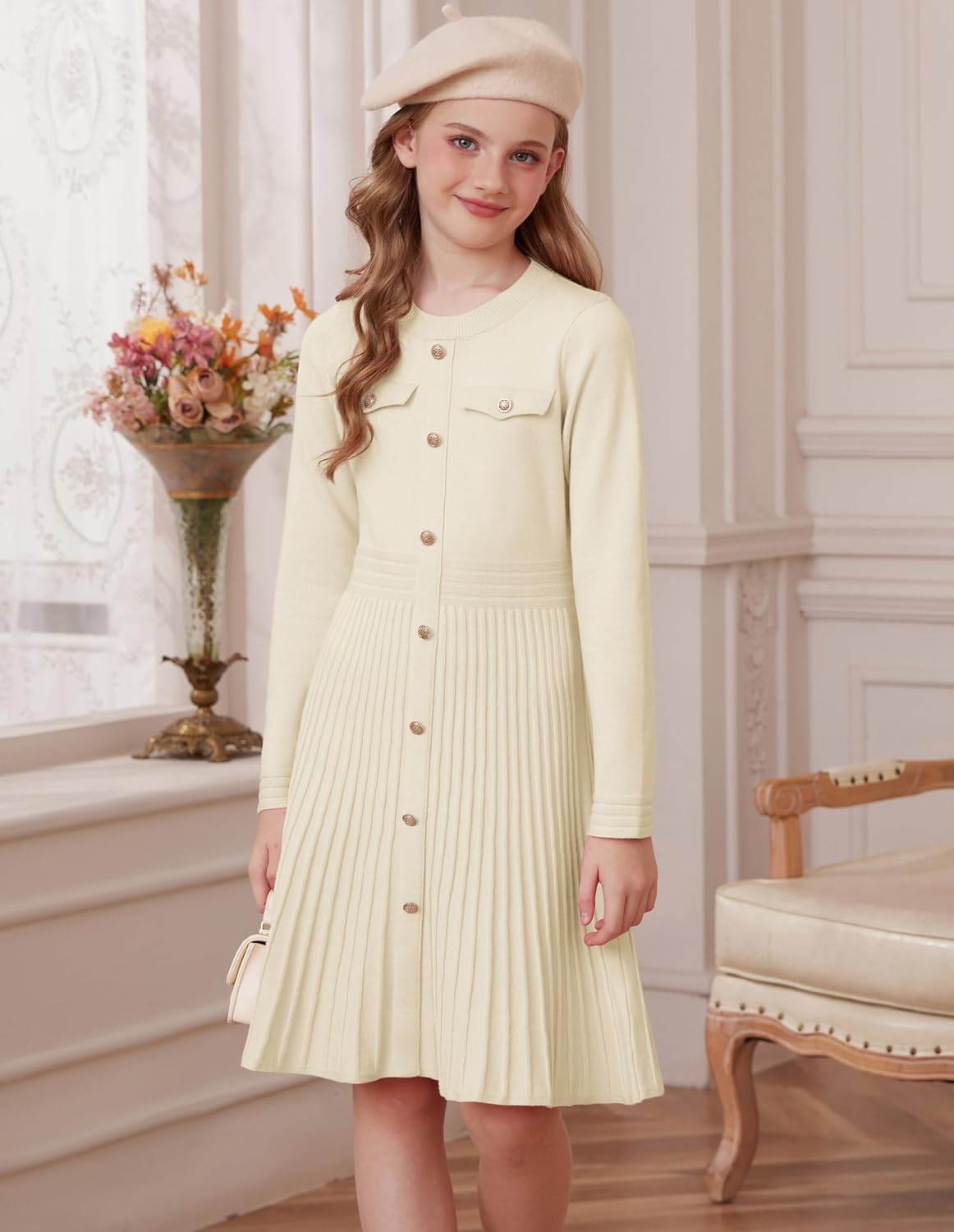 GRACE KARIN Girls Sweater Fall Dress Long Sleeve Knit Button Front Pleated A-Line Casual Winter Midi Dresses 5-14Y - Image 7