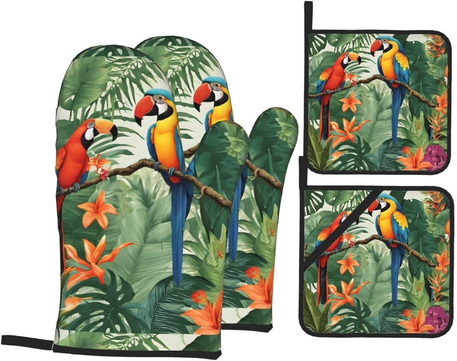 (Macaw and Toucan Perching of Rainforests) Baking 4-Piece Set: 2 Oven Mitts and 2 Pot Holders Heat Resistant Waterproof Hanging Loop for Kitchen Oven Grill Housewarming Gifts