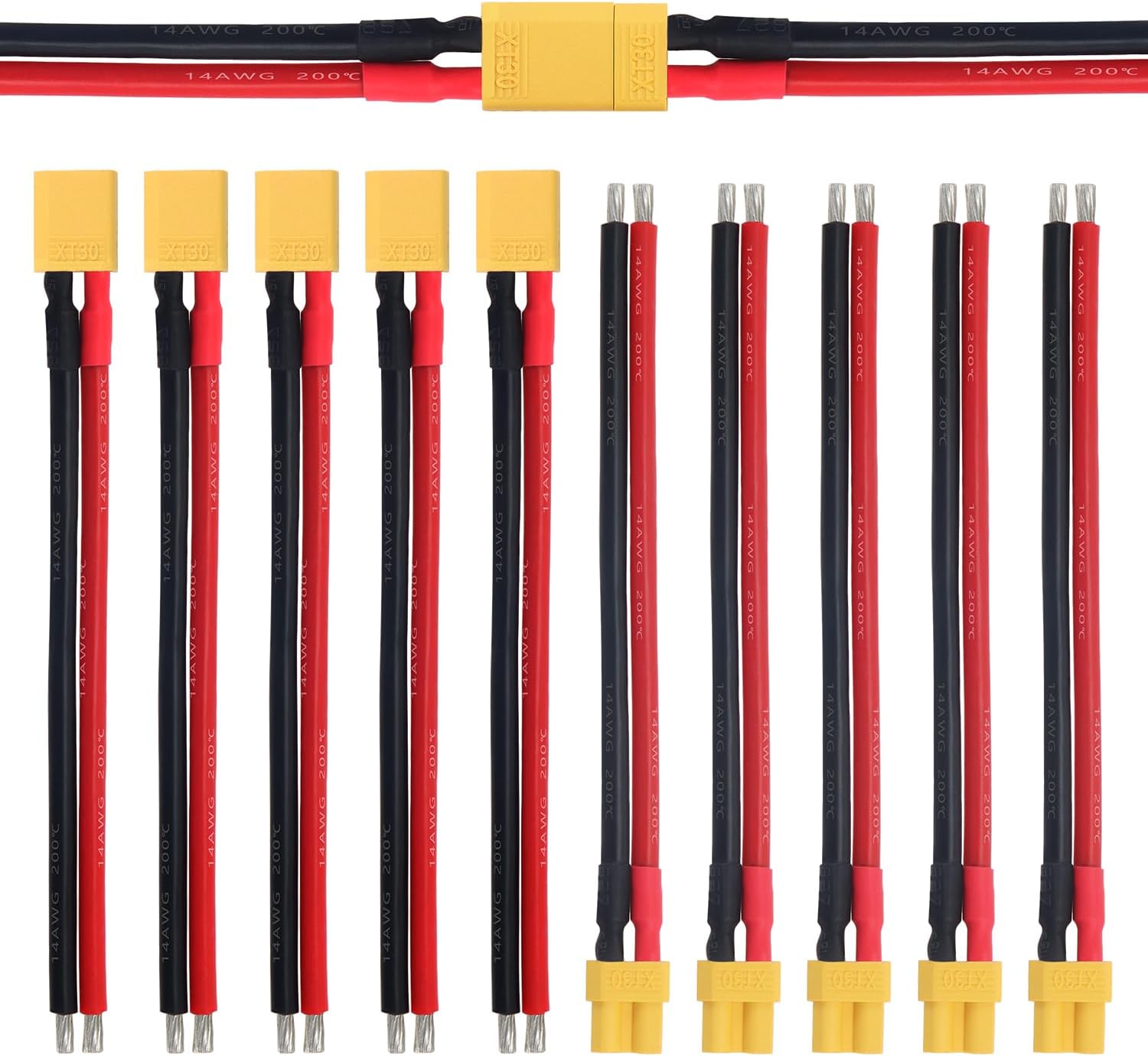 YIXISI 5 Pairs XT30 Pigtail, XT30 Plug Male Female Connector with 100mm 14AWG Silicon Wire, for RC Lipo Battery FPV Drone