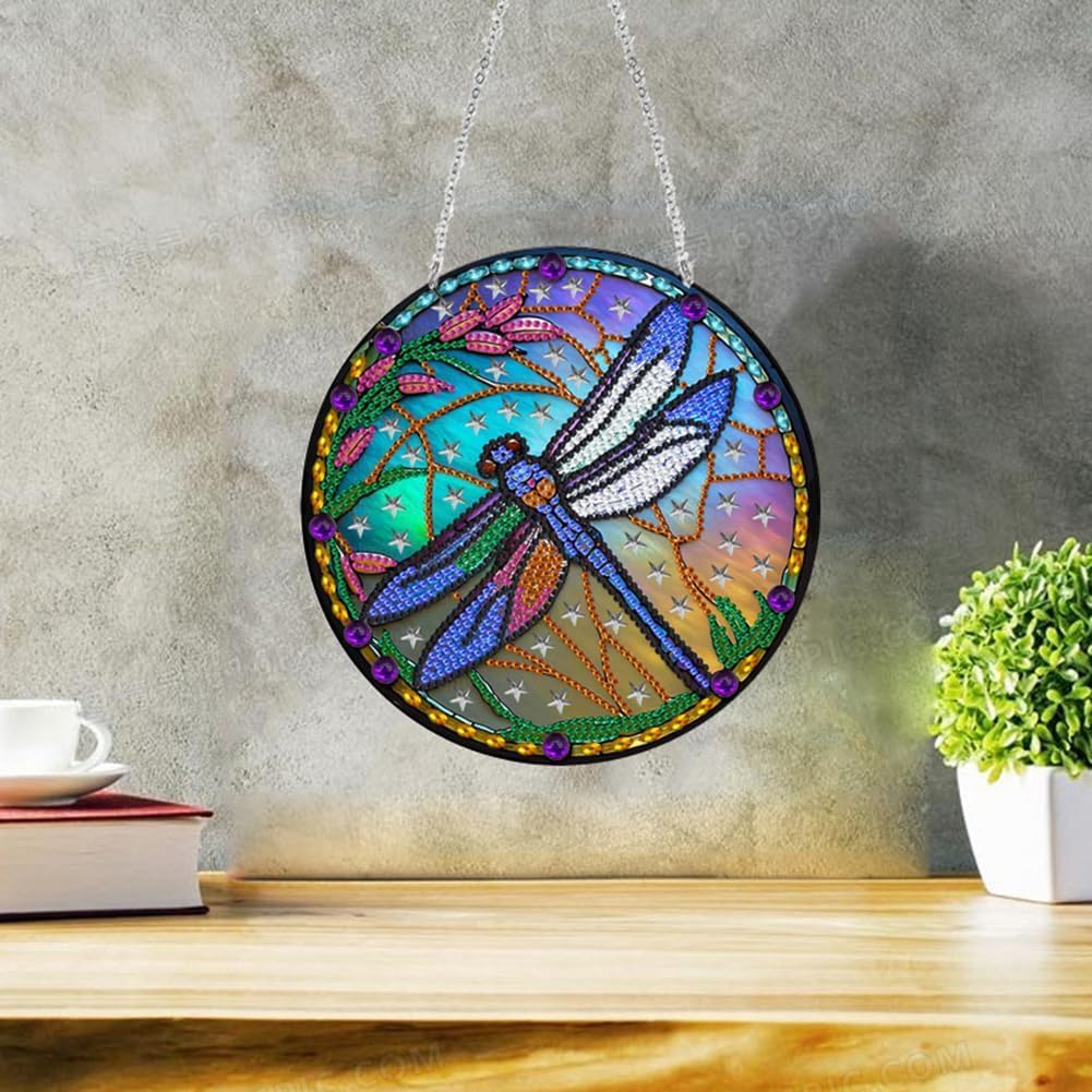 Pendentif Diamond Painting Libellule 5D 20×20 Cm – Double Face – Décoration Suspendue Fenêtre & Jardin DIY
