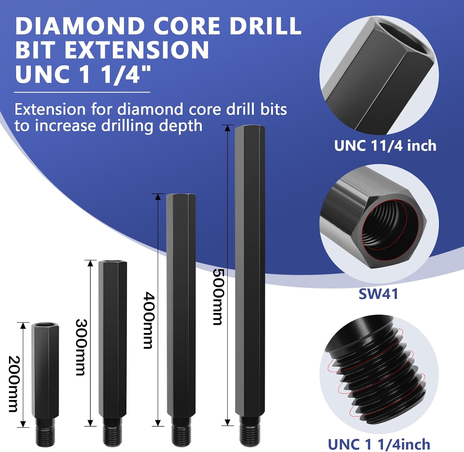 16'' Core Drill Bit Extension, Extension Rod with 1-1/4''-7 UNC Thread, Hexagonal 42Cr4 Steel Core Bit Extension Rod Adapter for Saw Threaded Diamond Hole Diamond Core Drill Bits(1 Pc)