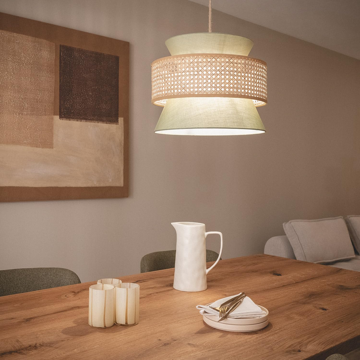 LEDKIA Lámpara Colgante Ratán y Tela Chulu Verde Caqui | Diseño Contemporáneo | Iluminación Interiores | Fácil Instalación | IP20; Verde Caqui