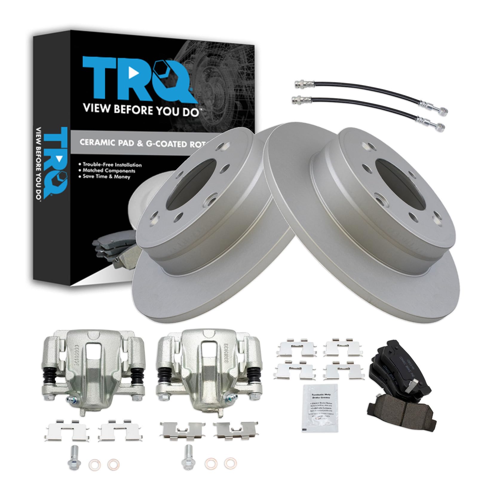TRQ Rear Brake Pad and Rotor Set Ceramic G Coated Rotors Calipers Compatible with 2006 Hyundai Sonata To 2/28/06 Production Date