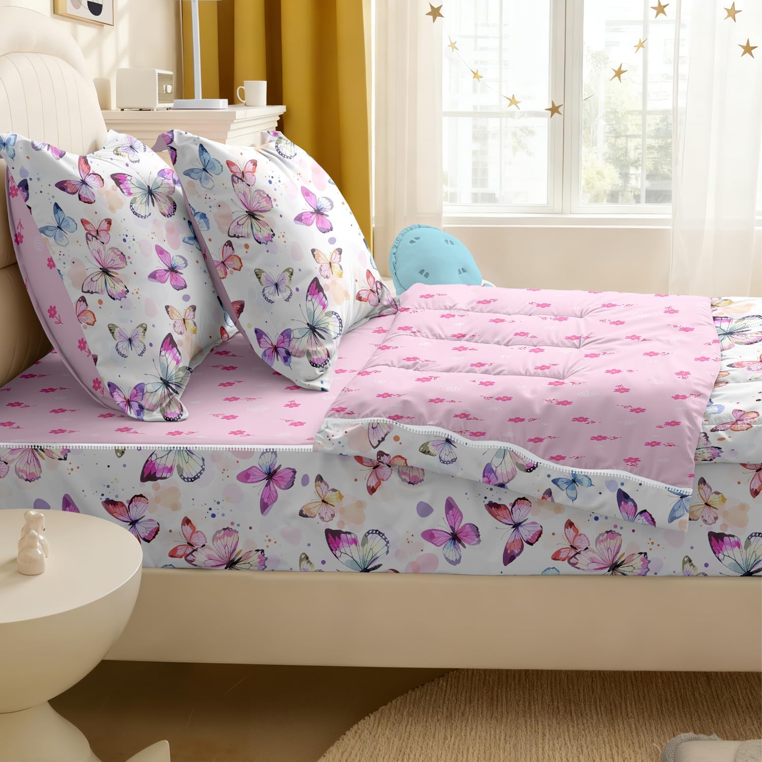 Kids Comforter Set,Zipper Bedding Twin for Girls,Butterfly Printed Comforter Set with Color Spots Fitted Sheets and Pillowcases for All Season(Butterfly)