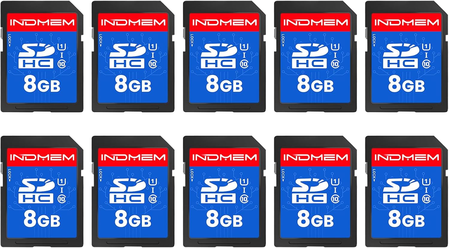 INDMEM SD Card 8GB, 10-Pack UHS-I Class 10 MLC Flash Memory Card, High-Speed Secure Digital Cards for Cameras, DSLR, Action Cams – Reliable Storage