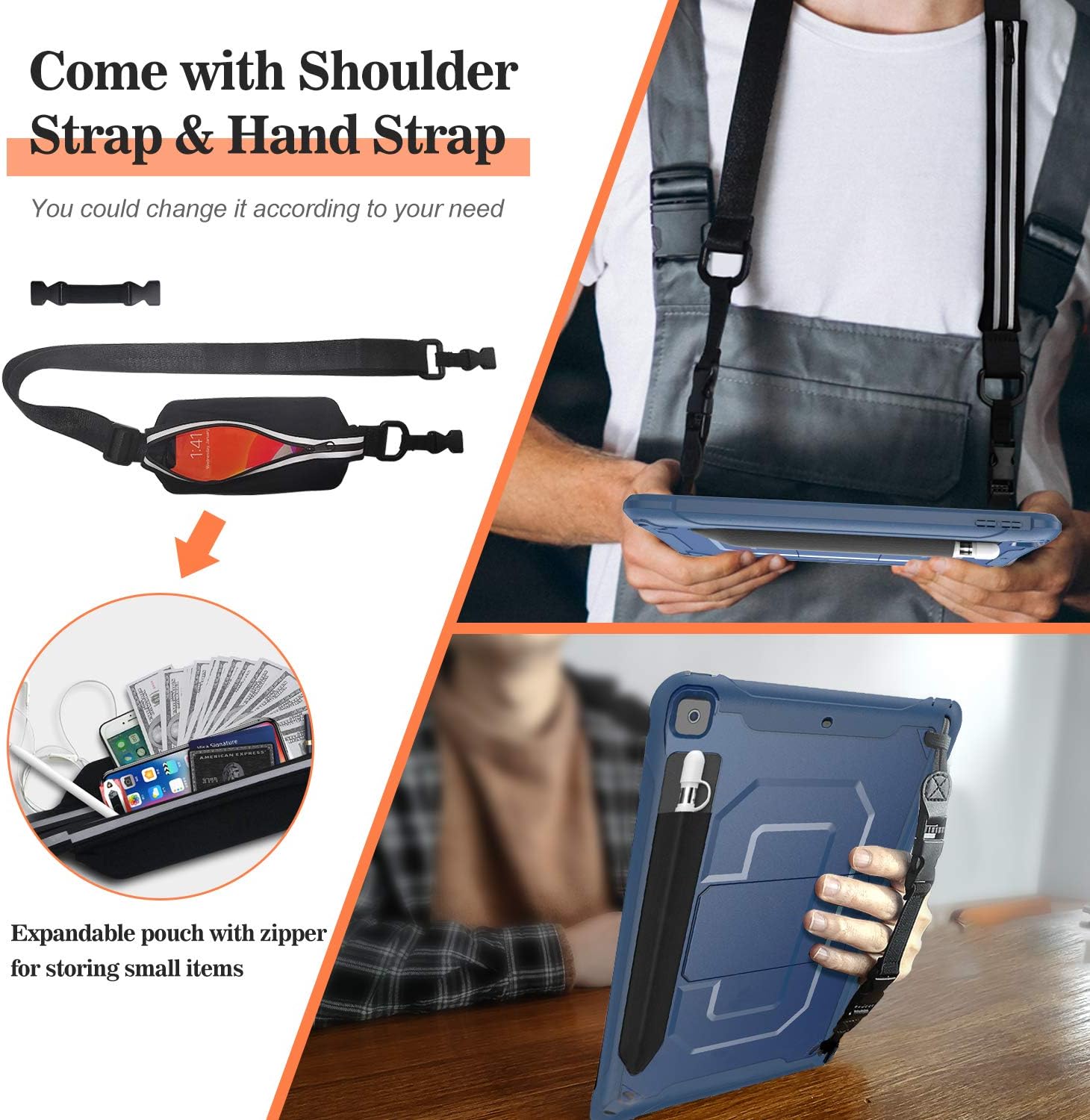 ProCase iPad 10.2 (2021 9th/ 2020 8th/ 2019 7th) Rugged Case with Screen Protector, Shockproof Heavy Duty Full Body Protective Cover with Pencil Holder Kickstand Shoulder Strap -Moroccoblue