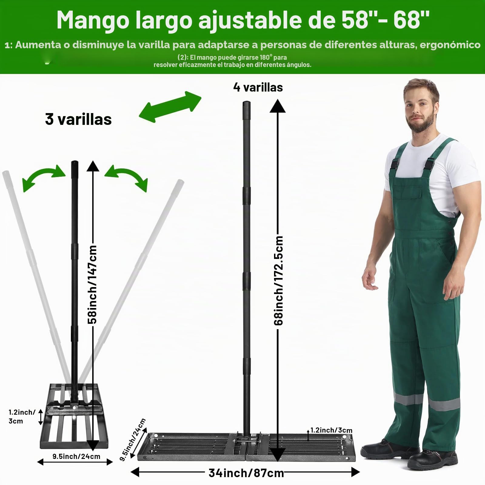 Rastrillo Nivelador de Césped 87x24cm,Herramienta Niveladora de Césped con 172.5cm de Mango Largo Ajustable para Nivelar Tierra,Arena o Suciedad,Nivelador de Césped para Patio,Jardín,Golf Campo,Granja