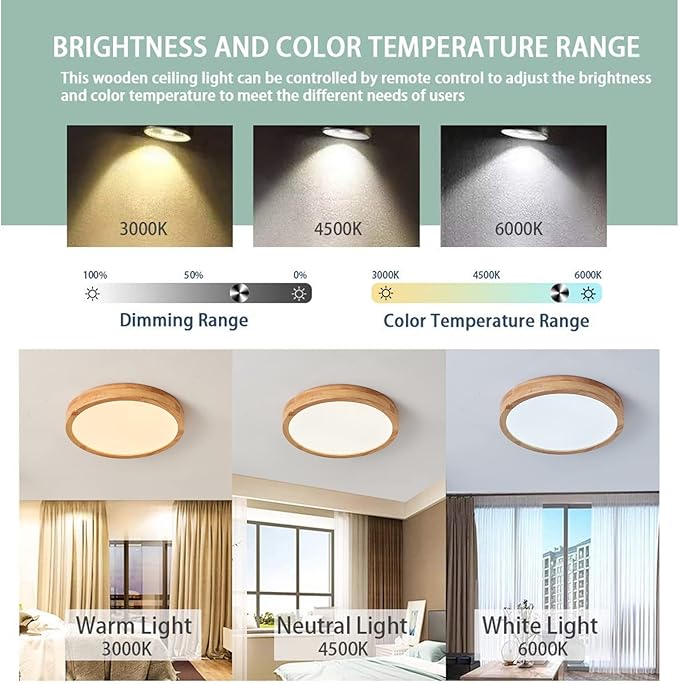 Schindora houten LED-plafondlamp, dimbaar met bediening, 28W ronde houten plafondlampen ﾘ40cm voor woonkamer keuken eetkamer thuiskantoor kinderkamer photo 2