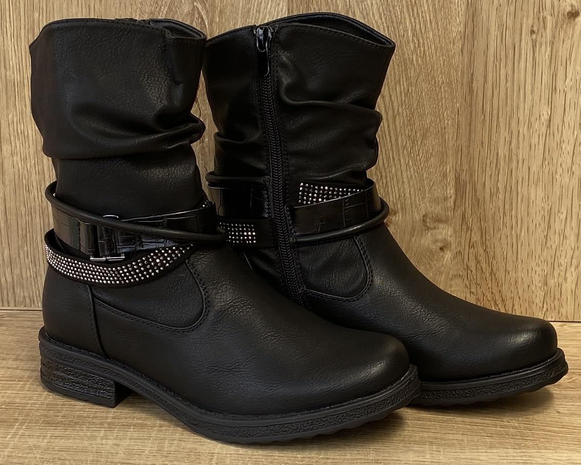 Pogolino Damen Stiefeletten Nieten Biker Boots Glitzer Stiefel leicht gefüttert 1573